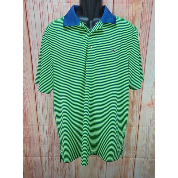 Vineyard Vines Mens Green & Blue Striped Polo Shirt Size Large Whale Logo - Picture 1 of 7